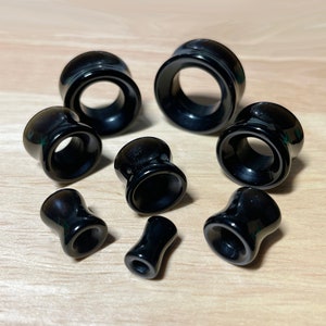 Black Agate Semi Precious Stone Double Flared Saddle Tunnel • Sold as Pair