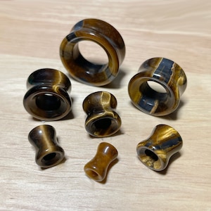 Tiger Eye Semi Precious Stone Double Flared Saddle Tunnel • Sold as Pair