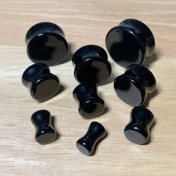 Black Obsidian Natural Stone Double Flared Plugs • Sold as Pair