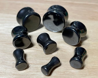Hematite Natural Stone Double Flared Plugs • Sold as Pair