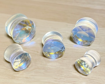 Iridescent Glass Faceted Double Flare Plugs • Sold as Pair