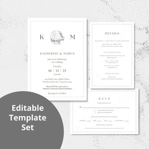 Silver Death Star Inspiré Invitation, Carte de détails et Carte RSVP Set Canva Templates - Téléchargements imprimables