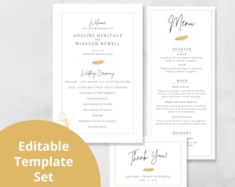 Goldene Eulen inspiriertes Hochzeitsprogramm, Menü und Dankeskarten-Set Canva-Vorlagen - Druckbare Downloads