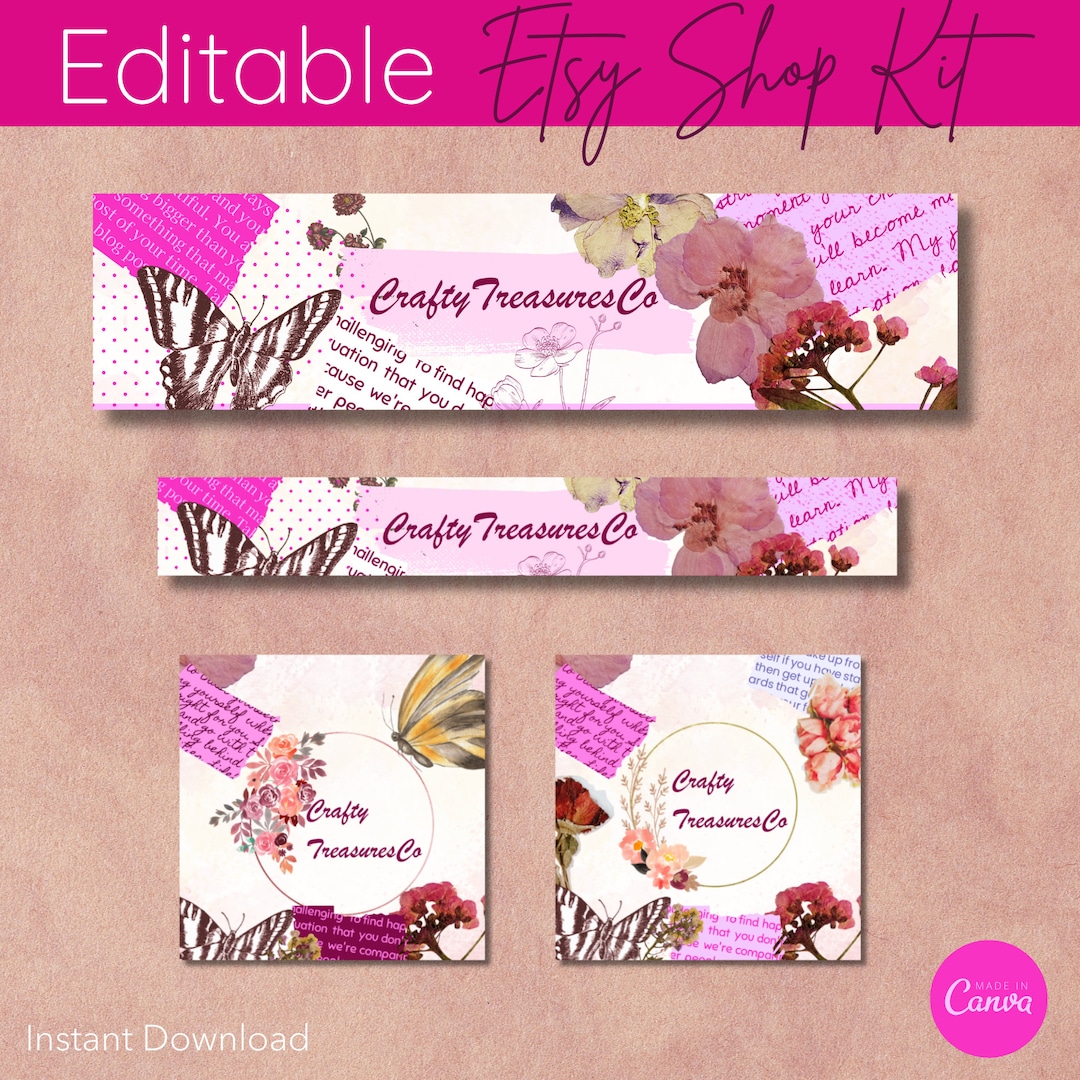 Pink Etsy Shop Kit Small Business Kit Etsy Shop Banner Kit Vintage Etsy