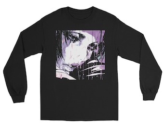 May include: Black long-sleeve shirt featuring a graphic of a manga-style illustration of a person with tears. The artwork is in shades of purple, white, and black, creating a striking contrast against the shirt's dark background.
