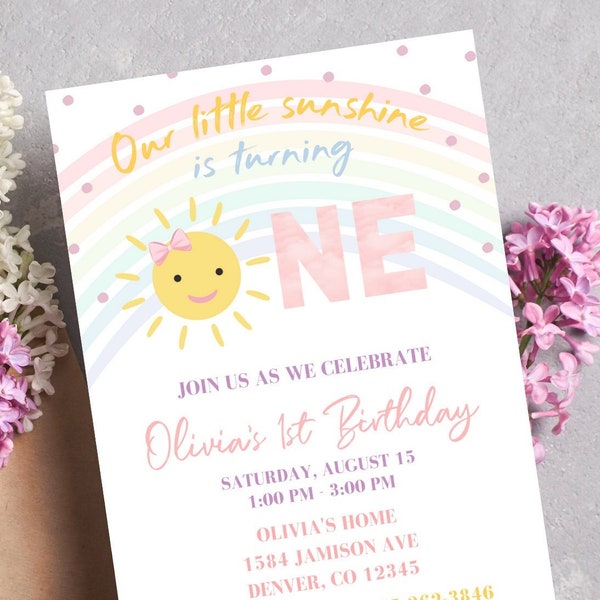 Editable Our Little Sunshine First Birthday Party Invitation You Are My Sunshine 1st Birthday Party Pink Girl Bow Download Canva Template