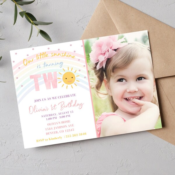 Editable Our Little Sunshine Second Birthday Party Invitation with photo You Are My Sunshine 2nd Birthday Party Pink Girl Bow Download Canva