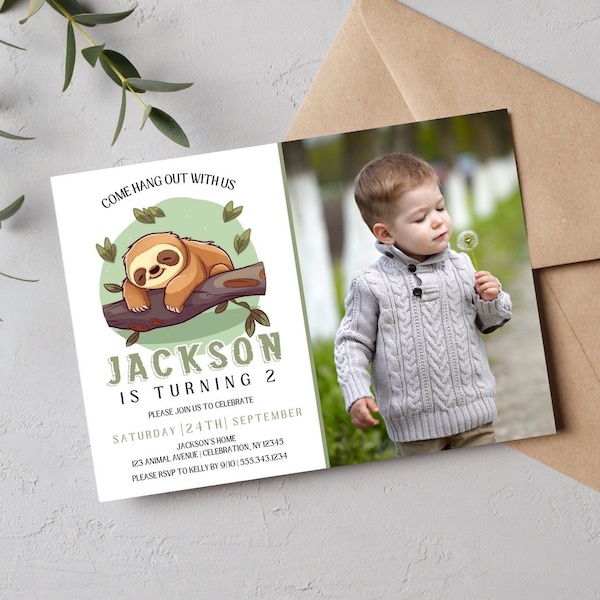 Simple Sloth Birthday Invitation with photo Sloth Birthday Party Sloth 2nd Birthday Cute Sloth Invite for Boy Girl Minimalist Sloth download