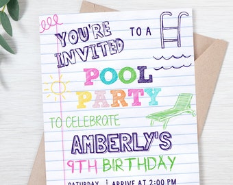 Pool Party Invitation, Doodle Pool Party Birthday Invitation Printable, Pool Party Invite, Swimming Party, INSTANT DOWNLOAD