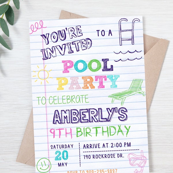 Pool Party Invitation, Doodle Pool Party Birthday Invitation Printable, Pool Party Invite, Swimming Party, INSTANT DOWNLOAD