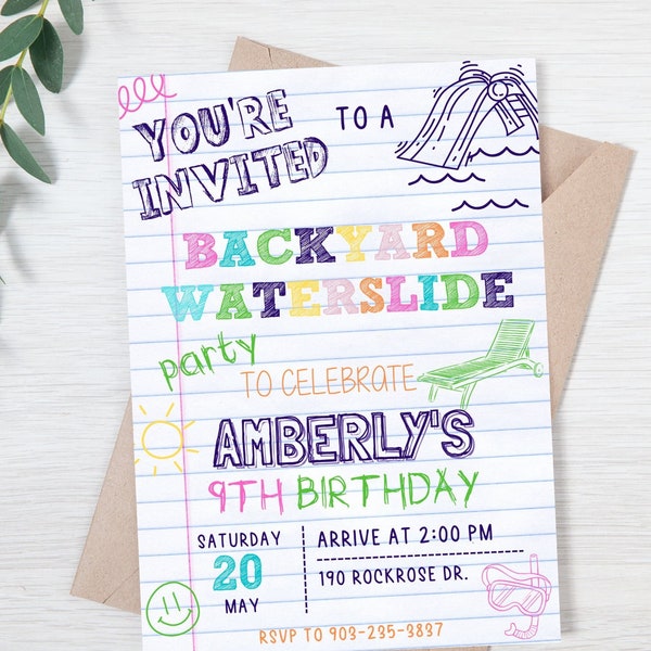 Backyard Waterslide Invitation, Doodle Waterslide Birthday Invitation Printable, Water slide Party Invite, Water Slide, INSTANT DOWNLOAD
