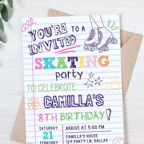 Roller Skate Invitation, Doodle Roller Skating Birthday Invitation Printable, Roller Skate Party Invite, Skate Party, INSTANT DOWNLOAD