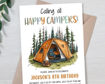 Editable Calling All Happy Campers Birthday Invitation Boy Birthday Camping Party S'more Forest Glamping Download Printable Template Digital