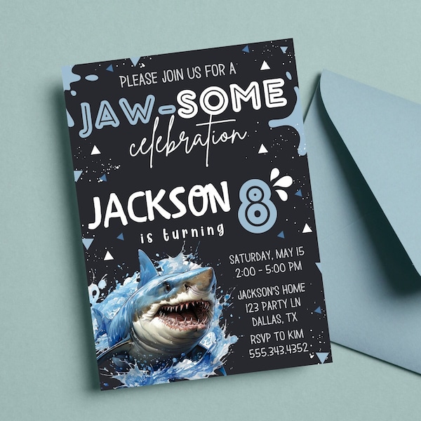 Shark Birthday Invitation, Shark Party Invite, Shark Invitation, Shark Pool Party Invite, Swim Party, Shark Birthday Party Theme