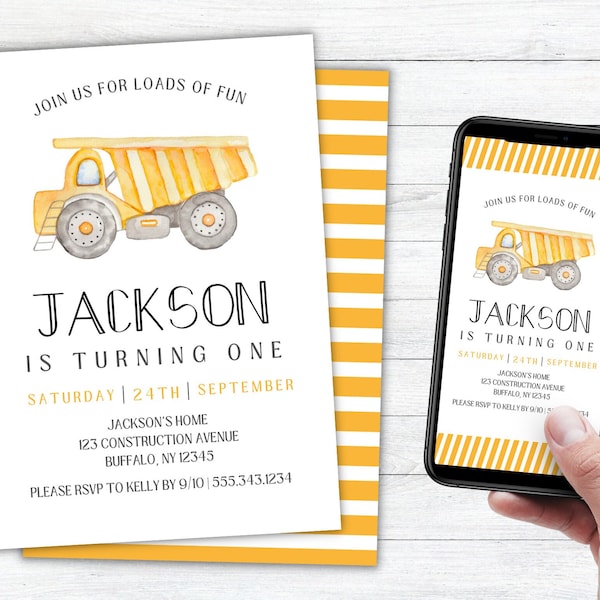 Simple Construction Birthday Invitation, Dump Truck Party Invite, Editable Customizable Template, Traffic, Tractor Car Party, Boy Birthday