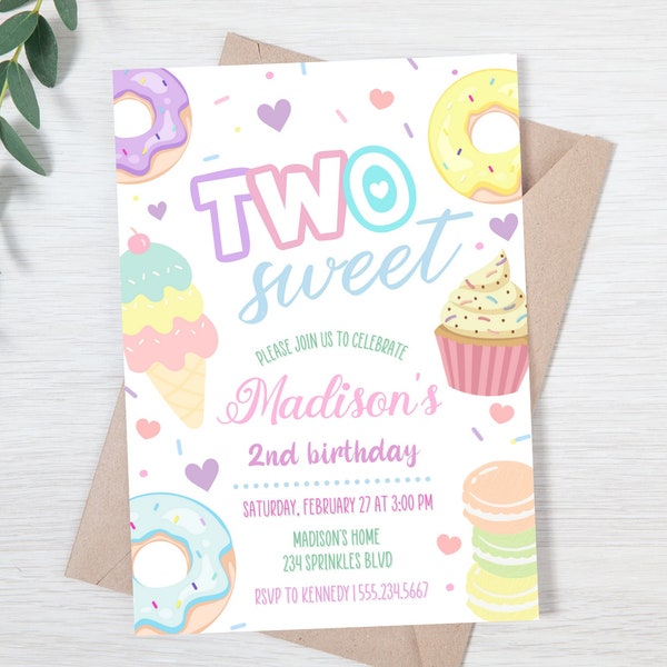 TWO Sweet Birthday Invitation, Donut Birthday Party, Girl 2nd Birthday, Editable Instant Download, Sweet Celebration, 2nd birthday