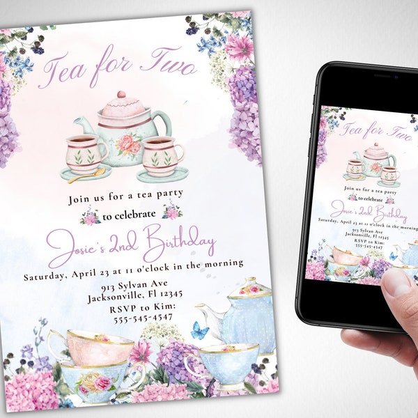 Editable Tea for Two Party 2nd Birthday Invitation Girl Par-Tea Invite Floral Pink Gold Whimsical Tea Download Printable Template Evite