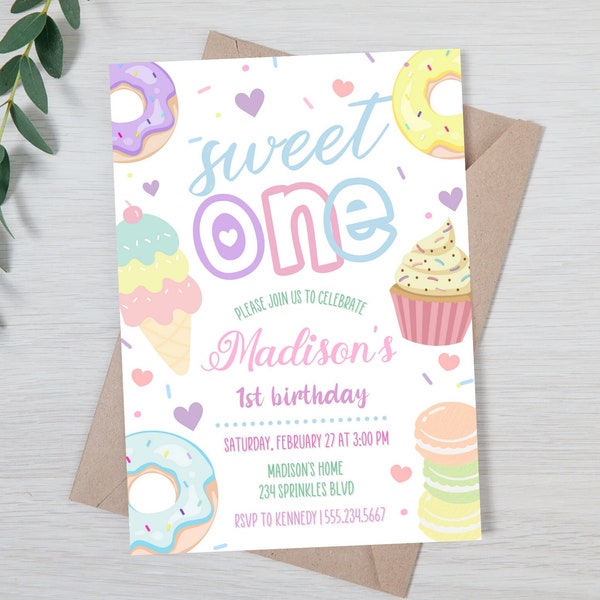 Sweet ONE Birthday Invitation, Donut Birthday Party, Girl 1st Birthday, Editable Instant Download, Sweet Celebration, 1st birthday