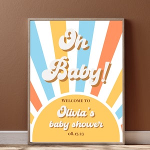 Editable Sunshine Baby Shower Welcome Sign Here Come The Son Baby Shower Retro Boy Blue And Yellow Sunshine Baby Shower B4