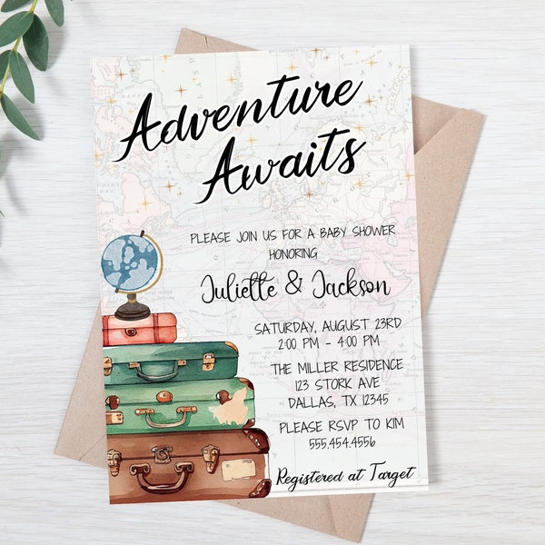 Editable Adventure Awaits Baby Shower Invitation Travel Baby Shower Invite Suitcases Globe Map Gender Neutral Template