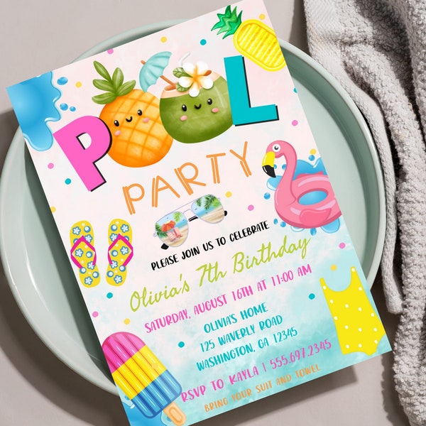 Pool Party Invitation Girl, Pool Party Unicorn Invitation Instant Download, Swimming Party Invite, Editable Template