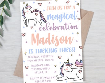 Editable Unicorn Invitation, Rainbow Unicorn invite, Unicorn Party Unicorn Birthday, Magical Unicorn, Girl gold Instant Download Printable