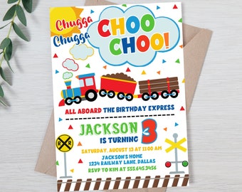 Train 3rd birthday invitation instant download | chugga chugga choo choo boys train party thrid birthday invitation | red white blue invite