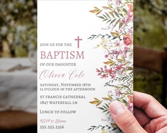 Pink Girls Baptism Invitation, Wildflower Baptism Invitation Template, Printable Christening, Baptismal Invite Pink Floral Baptism Girl