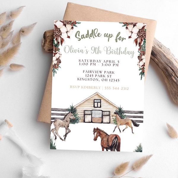 Horse Birthday Party Invitation, Winter Horse Girl Birthday Invite, Editable Template, Rodeo Invitation, Horse Evite, Digital Download