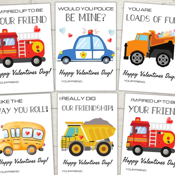 Kid Transportation Valentine Tags, Kids Valentine Cards, Police, Firetruck Valentine, Valentine Printables AS-IS Tags - Instant Download