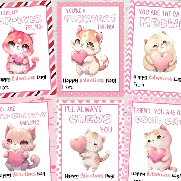 Printable Cat Valentine's Day Cards, Classroom Valentine's Day Cards for Kids, Valentine's Day Gift Tags, Instant Download, Kitten Valentine