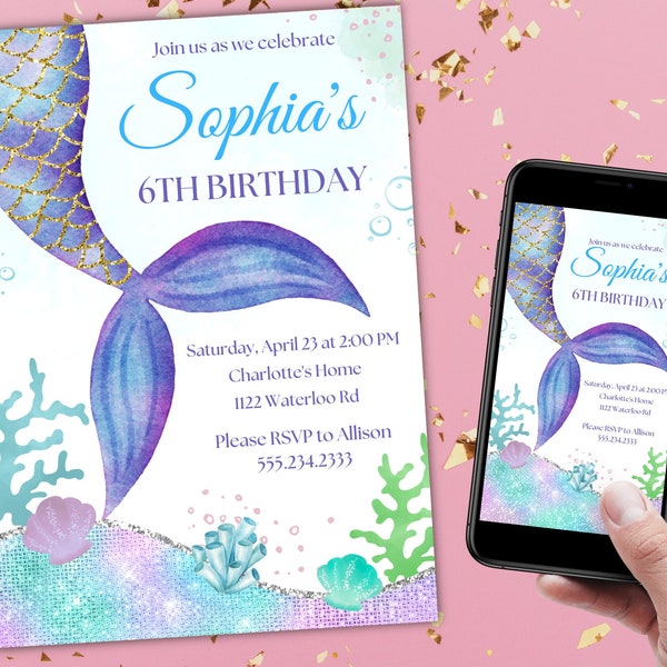 Glitter Mermaid Birthday Invitation Under the Sea Purple Teal Mermaid Birthday Invitation Birthday Invite Invites Printable Template