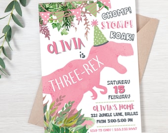 Girl Dinosaur Birthday Invitation Editable Dinosaur Birthday Invite Three Rex Party Stomp Chomp Roar Rawr Downloadable Instant Download