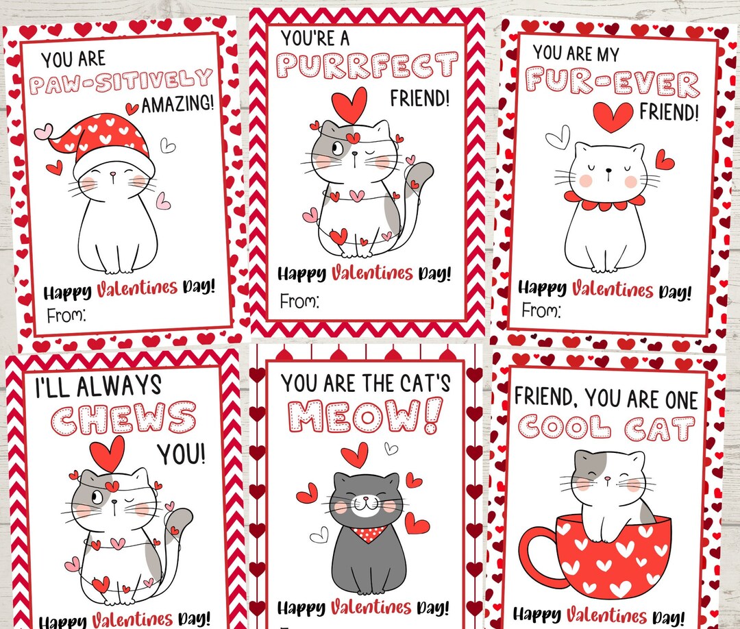Printable Cat Valentine's Day Cards, Classroom Valentine's Day Cards ...
