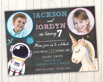 Sibling Birthday Invitation | Double Birthday Invite | Space Birthday for Two | Unicorn Double Birthday | Custom Birthday Invitation