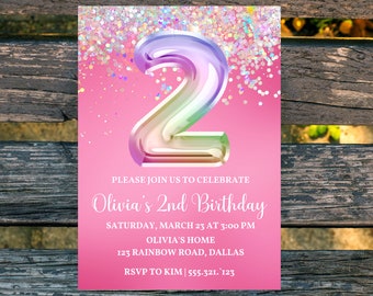 2nd Birthday Invitation Editable Pink Iridescent Glitter Birthday Invitation, Rainbow Holographic Editable invite H1