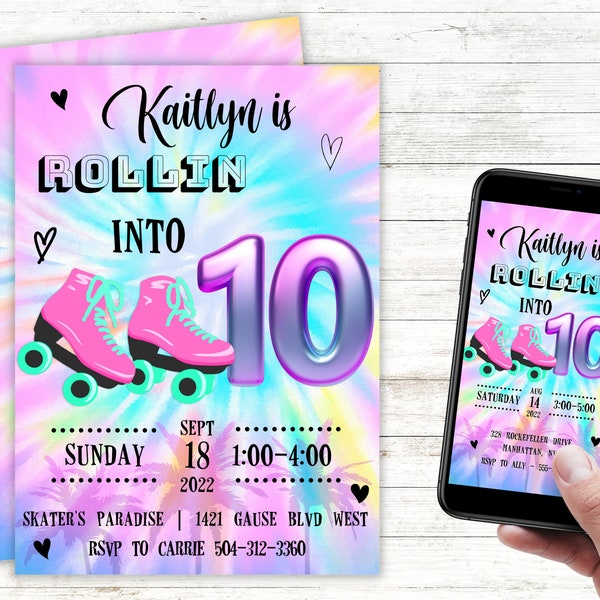 Roller Skate Invitation, Tie Dye Roller Skating Birthday Invitation Printable, Roller Skate Party Invite, Tie Dye, INSTANT DOWNLOAD