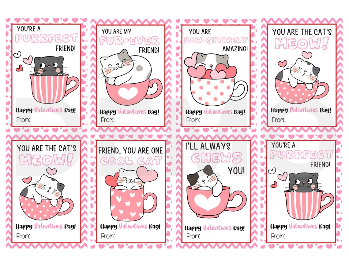 Printable Cat Valentine s Day Cards Classroom Etsy