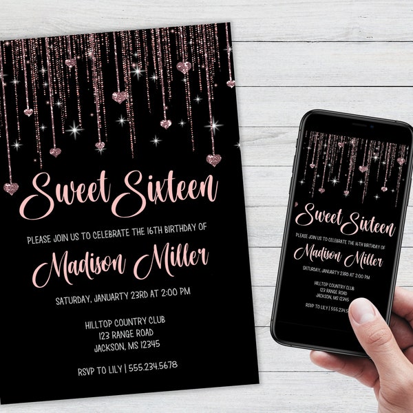 Editable Sweet Sixteen Birthday Party Invitation. Sweet 16 Invitation. Sweet Sixteen Birthday Invite Sweet Sixteen Black and Pink Rose Gold
