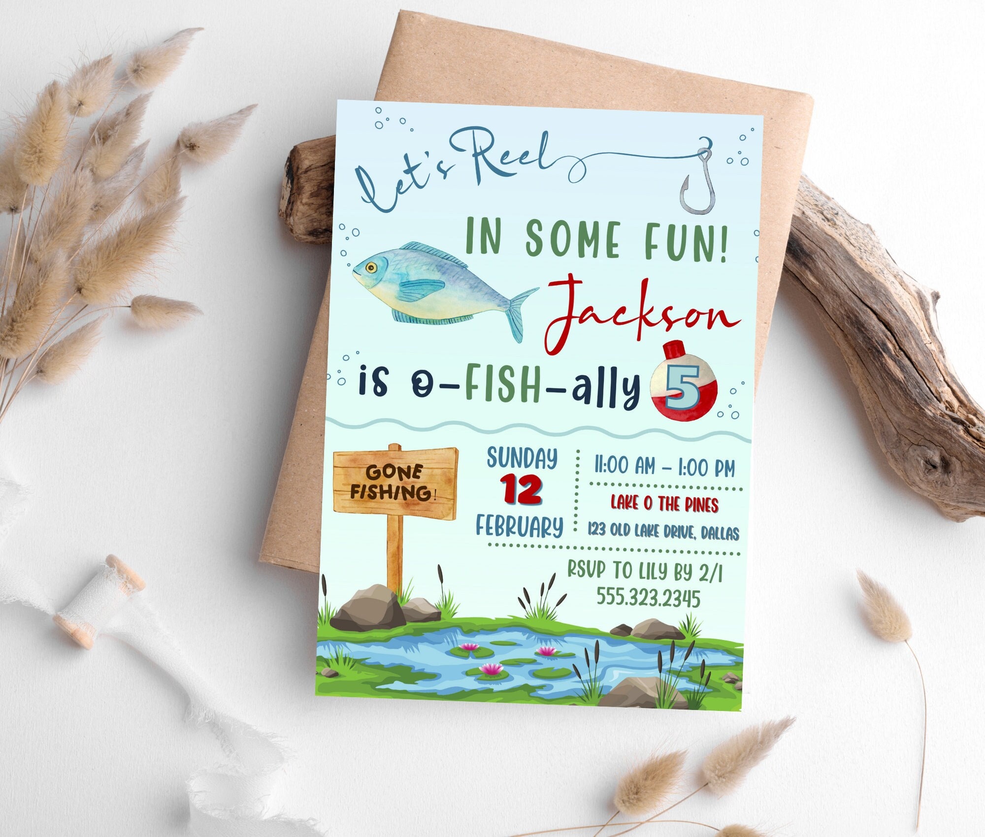 Fishing Birthday Party Pack INSTANT DOWNLOAD, Invites, Girls First Birthday,  Invite for Girl Templett, Gone Fishing, Fishing Rod, Tackle 