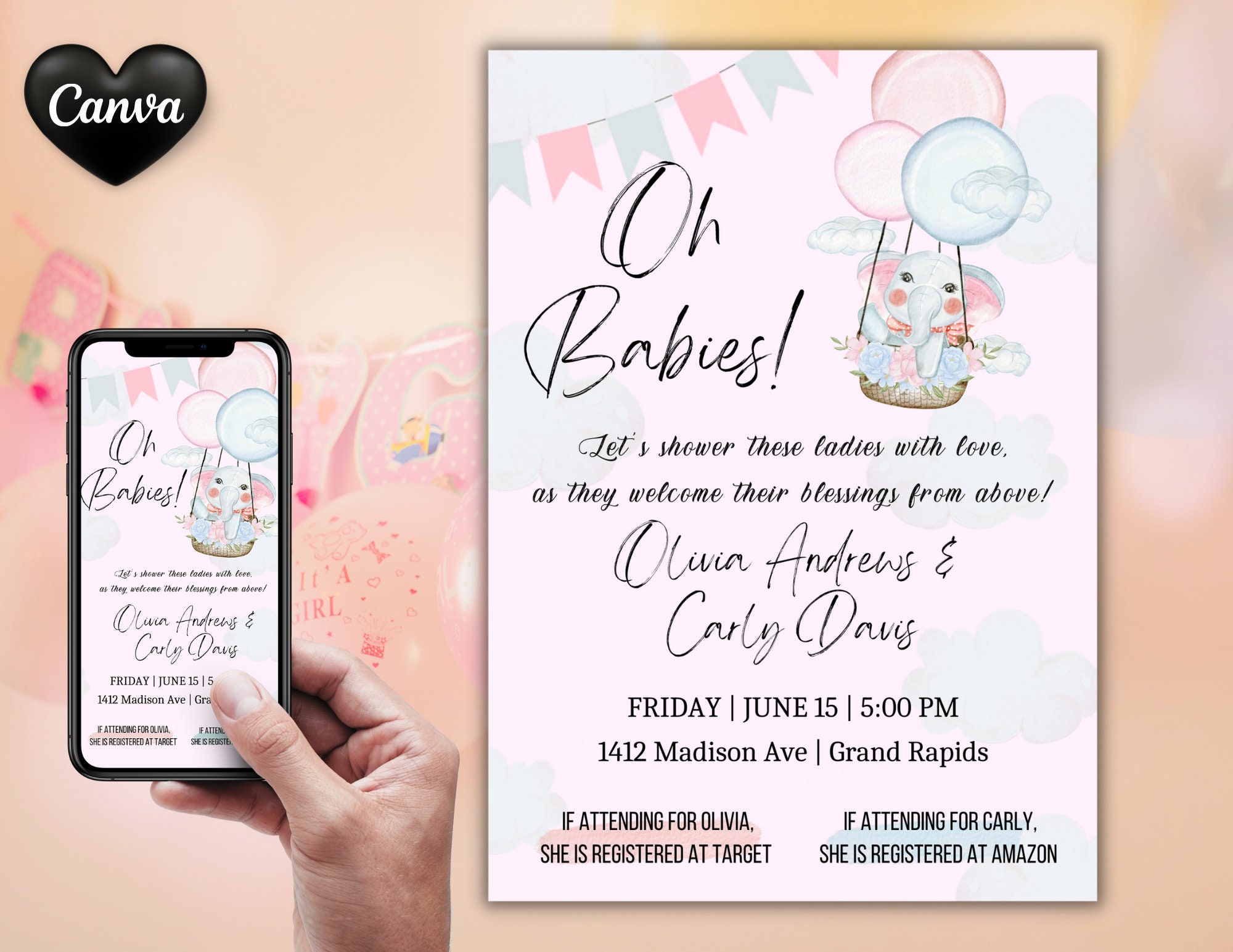Joint Baby Shower Invitation Template Double Baby Shower - Etsy