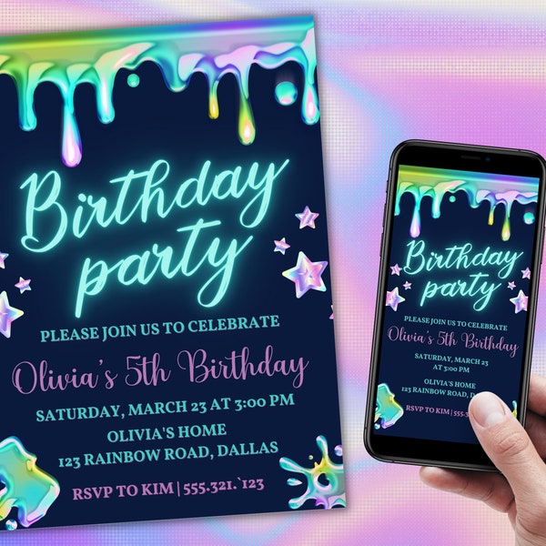 Neon Holographic Slime Invite | Neon Invitation | Slime Invitation | Holographic Invitation | Slime Birthday Invite | Neon Birthday Party