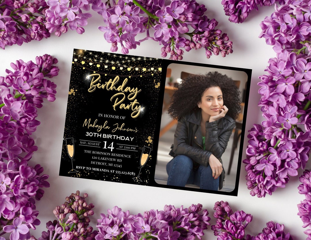 Black and Gold Birthday Invitation With Photo Template Any - Etsy