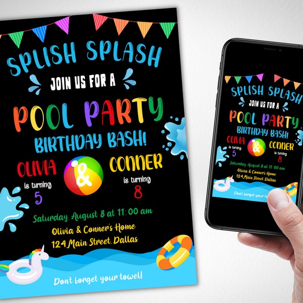 Joint Pool Party Birthday Invitation, Splish Splash Dual Sibling, Water, Swim, Brothers, Sisters, Digital Canva
