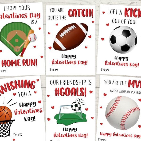 Sports Valentine Cards, Kids Valentine Cards, School Valentine Tags, Printable Valentine Cards, Soccer, Football, Baseball, Basketball