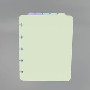 Może przedstawiać: Jasnozielony notatnik z pastelowymi zakładkami. Notatnik ma spiralną oprawę po lewej stronie. Zakładki są w odcieniach fioletu, niebieskiego i zieleni. Notatnik jest umieszczony na szarym tle.