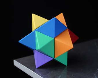 6 Piece Star Burr Puzzle, Multi Coloured 3D Printed Puzzle, Brain Teaser Puzzle