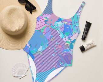 Women's one-piece swimsuit with original graphic pattern in blue/pink/purple/mint green