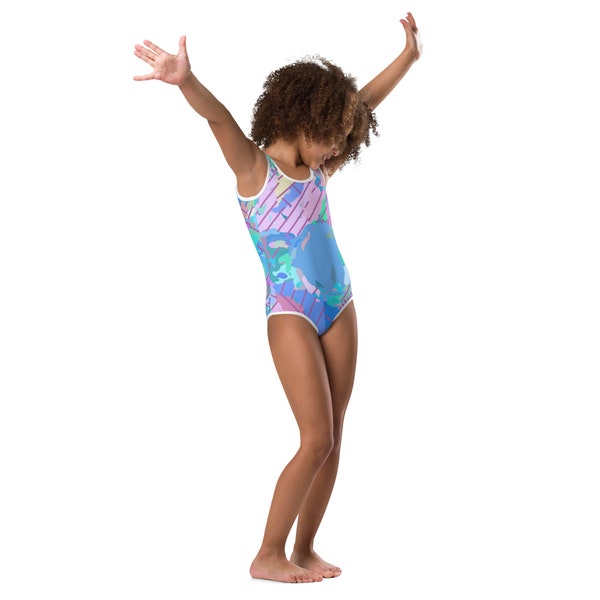 Maillot de Bain Pour Fille à motif graphique original bleu/rose/violet/vert menthe