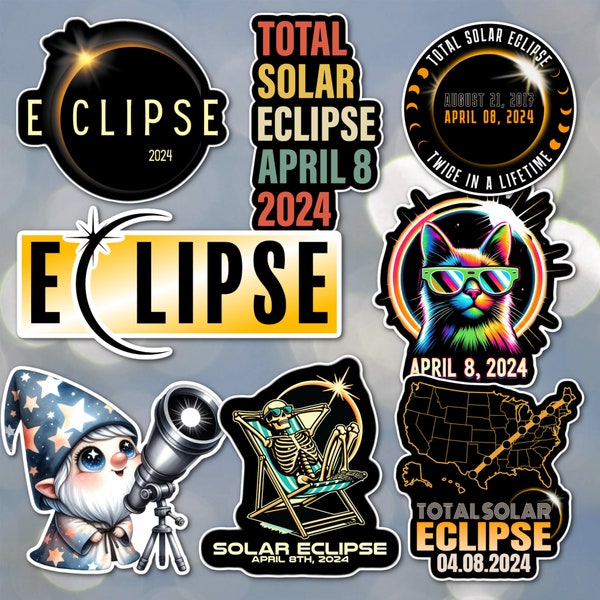 Solar Eclipse 2024 Laminated Laptop Stickers Texas Moon Celestial April 8th Yellow Gnome Cat Twice in a lifetime